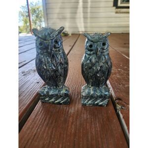 Vintage RARE Handcarved Labradorite Jasper Owls‎ Set Of 2 Beautiful
